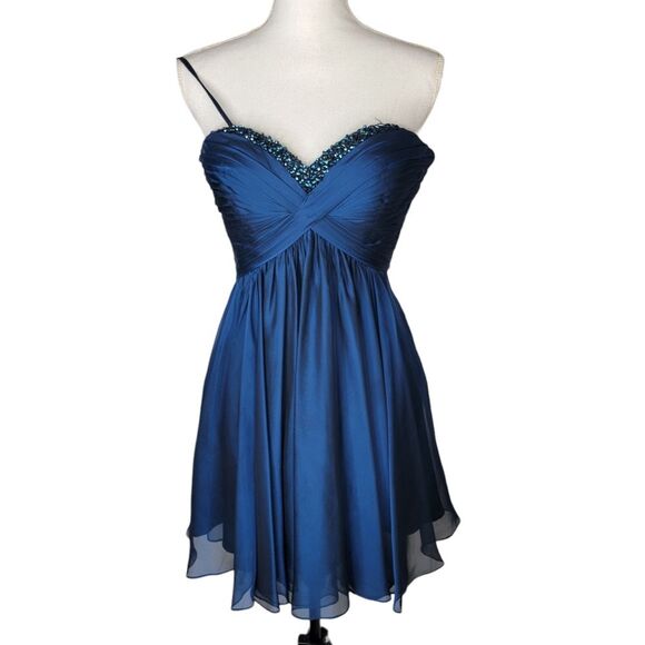 LA FEMME Homecoming Royal Blue Chiffon Sheer Flowy Strapless Dress Size 2 - Picture 1 of 16